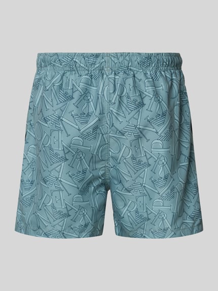 Produktfoto, Regular Fit Shorts mit Allover-Logo-Print von Emporio Armani in Hellblau mit elastischem Bund und Tunnelzug, Herren Shorts
