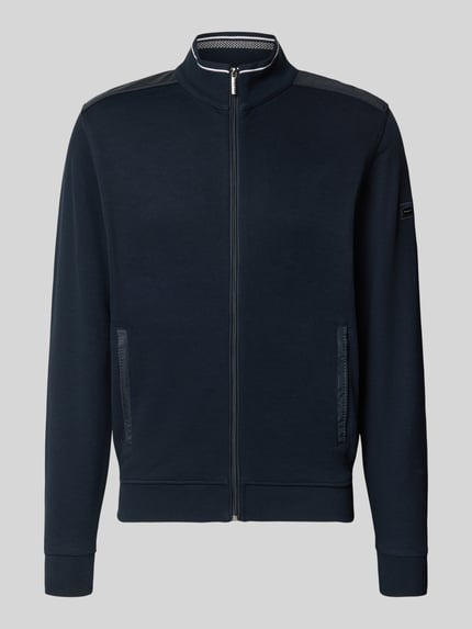 Produktfoto, granatowy kardigan rozpinany Regular Fit z mieszanki bawełny Model 'Selanik' od bugatti, stójka, wpuszczane kieszenie, zamek błyskawiczny, długość tyłu w rozmiarze M: 67 cm, długość rękawów w rozmiarze M: 69 cm