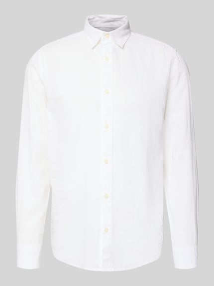 Produktfoto, Slim Fit Freizeithemd aus Baumwoll-Leinen-Mix Modell 'CAIDENLS SOLID' von Only & Sons mit Optik: Unifarben, Kentkragen, durchgehender Knopfleiste, Rückenpasse und Kombimanschetten, Textur: leichte Flammgarn-Materialverarbeitung