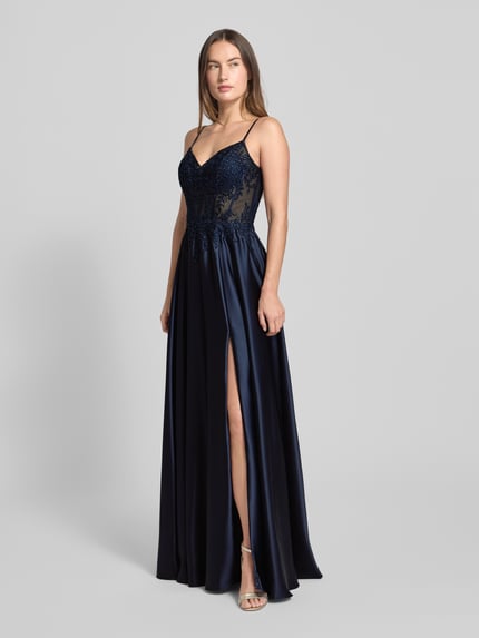 LUXUAR FASHION Regular Fit Abendkleid mit floralem Spitzenbesatz Dunkelblau 1