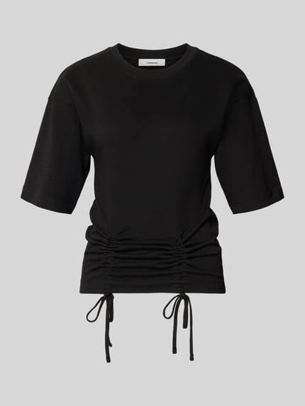 Produktfoto, czarny damski t-shirt z bawełny prosty krój, okrągły dekolt, wiązane marszczenia Model 'MALLE' od Topshop