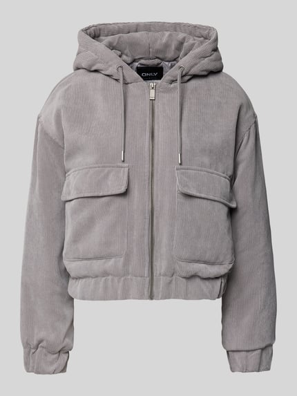 Produktfoto, Regular Fit Bomberjacke mit Kapuze Modell 'SUVA' von ONLY, grauer Cord mit Streifenstruktur, elastische Bündchen, aufgesetzte Taschen