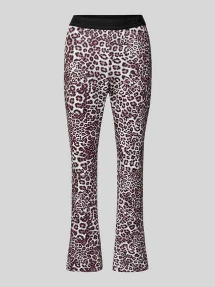 Produktfoto, Flared Fit Stoffhose mit Allover-Animal-Print van Marc Cain, elastische materiaalmix, elastische band, Dames, bandwijdte maat 36: 36 cm, binnenbeenlengte maat 36: 69 cm, wit, zwart en bruin, gladde textuur