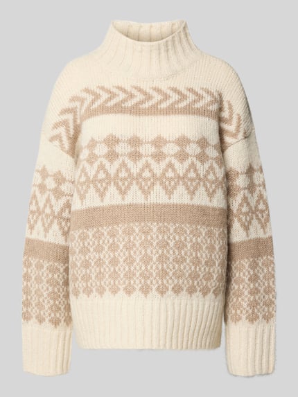 Produktfoto, Comfort Fit Strickpullover aus Norweger-Strick Modell 'AMPLE' von Vero Moda mit Optik:Allover-Muster in Beige und Creme, Stehkragen, Langarm, geripptem Ärmelabschluss und Rumpfabschluss, Materialverarbeitung: Strick