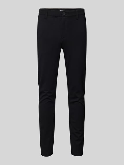 Produktfoto, schwarze Slim Fit Stoffhose aus Viskose-Mix Modell 'MARK' von Only & Sons mit Eingrifftaschen, Knopf- und Reißverschluss, glatte Oberfläche