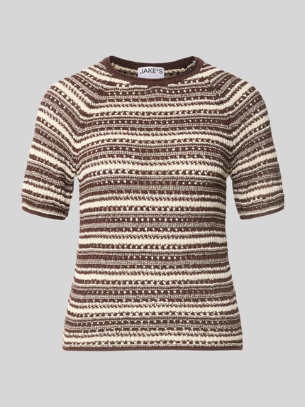 Produktfoto, Strickshirt im Allover-Look mit Rollsaum von Jake*s Casual, braun-beige gemustert, Baumwoll-Mix, Rundhalsausschnitt, Kurzarm