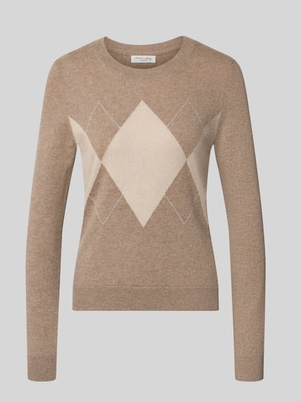 Produktfoto, Slim Fit Strickpullover aus Kaschmir-Mix mit Rundhalsausschnitt von Christian Berg Woman, beżowy, jasnobeżowy diamentowy wzór, prążkowane wykończenia, długi rękaw, imitacja dzianiny, mieszanka kaszmiru, okrągły dekolt, długość tyłu 54 cm, długość rękawów 63 cm, krój slim fit