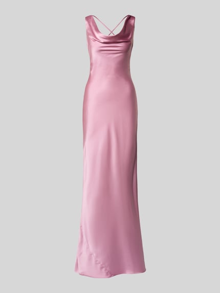 Produktfoto, Abendkleid mit rückseitiger Schnürung von Luxuar, różowy satynowy materiał, krój slim fit, dekolt wodospadowy, długość maxi, szerokość w rozmiarze 36: 31 cm, długość tyłu w rozmiarze 36: 160 cm