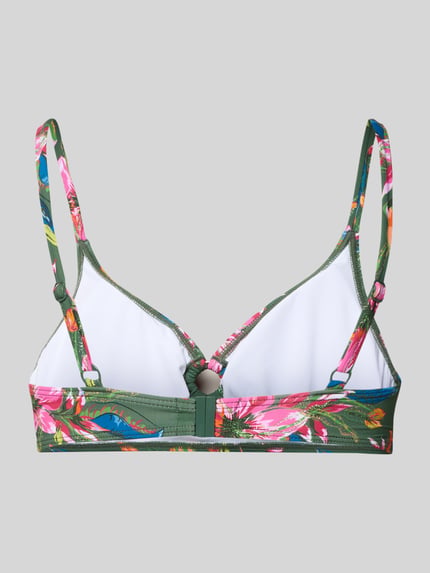 Produktfoto, Bralette Bikini-Oberteil mit Spaghettiträgern Modell 'Malia' von LASCANA, mieszanka materiałów z dodatkiem streczu, wyprofilowane miseczki, regulowane cienkie ramiączka, zapięcie na haftkę, kolorowy wzór z zielonym i różowym