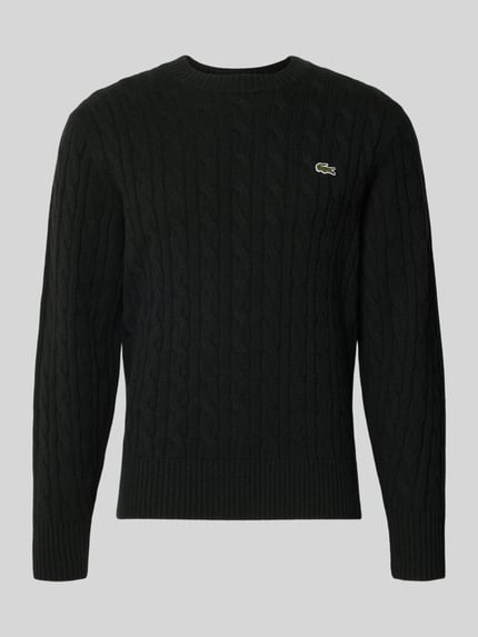 Productfoto, zwarte Regular Fit Pullover uit pure wol van Lacoste, herenpullover, kabelstructuur, eenvoudige achtergrond