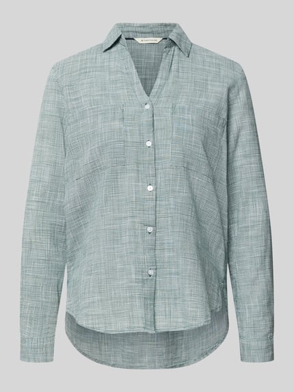 Produktfoto, Regular Fit Hemdbluse aus reiner Baumwolle von Tom Tailor, Optik:Allover-Muster, Hahnentritt, Hemdblusenkragen, Langarm, V-Ausschnitt, Rückenpasse mit Cacharel-Falte, Manschette, abgerundeter Rumpfabschluss, Brusttasche, Material: reine Baumwolle
