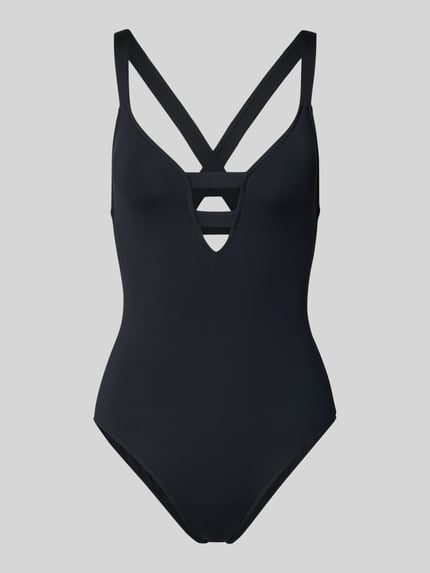 Productfoto, zwarte 'Body met V-hals' van Seafolly, aansluitende pasvorm, mix van materialen met stretch, glad oppervlak.