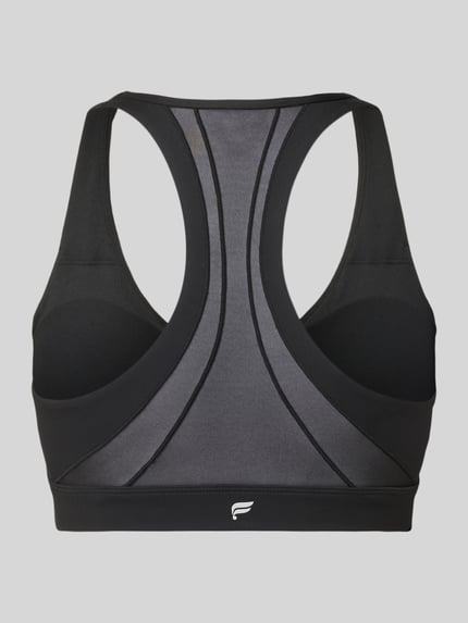 Produktfoto, Sport BH mit semitransparenten Partien Modell 'Pureluxe' von Fabletics, Schwarz-Grau, elastischer Material-Mix, Damen Sport BH