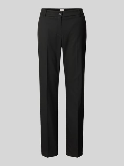 Produktfoto, schwarze Straight Fit Stoffhose mit Viskose-Anteil Modell 'Maron' von Brax, elastischer Material-Mix, Bügelfalten, neutrale graue Hintergrundfarbe