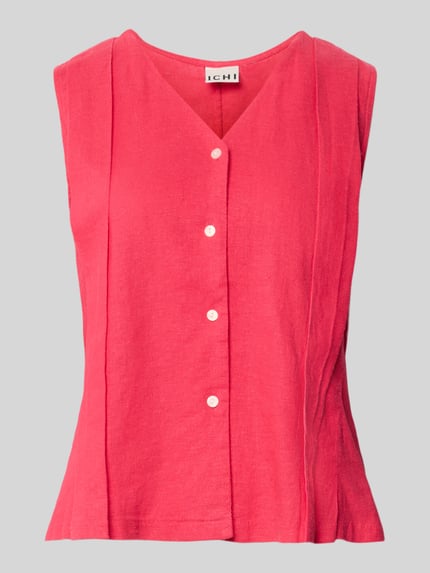Produktfoto, Weste aus Leinen-Viskose-Mix Modell 'LINNO' von ICHI in Pink, Regular-Fit, V-Ausschnitt, Knopfleiste, strukturierte Textur, Damen Weste, Rückenlänge 53 cm, Schulterbreite 34 cm, Brustweite 47 cm