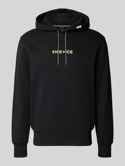 Produktfoto, schwarzer Hoodie mit Logo Modell 'COVELL' von FIRE + ICE aus reiner Baumwolle, Regular Fit, glatte Textur