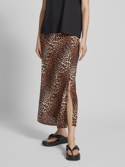 PIECES Uitlopende midirok met all-over motief, model 'NYA' Middenbruin - 4