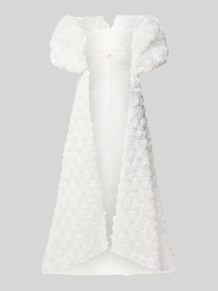 Produktfoto, avondjurk met pofmouwen en bloemenapplicatie van LUXUAR FASHION, open voorkant, maxi-jurk, ruglengte maat 36: 151 cm, borstwijdte maat 36: 31 cm, mouwlengte maat 36: 22 cm, wit, textuur met bloemvormige motieven