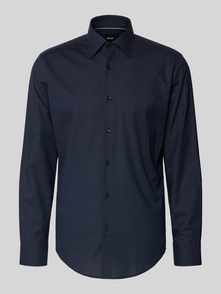 Productfoto, Regular Fit Businesshemd uit katoenmix model 'JOE' van BOSS, all-over patroon, popeline structuur, donkerblauw.