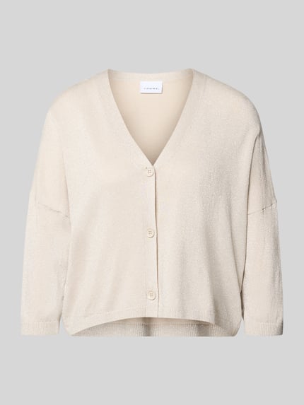 Produktfoto, Schimmernde Strickjacke mit 3/4-Arm von Comma in Beige mit V-Ausschnitt, Knopfleiste, Relaxed-Fit und schimmernder Optik