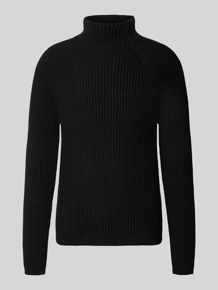 Produktfoto, schwarzer Regular Fit Strickpullover mit elastischen Abschlüssen von DRYKORN, Rollkragen, Woll-Materialmix, strukturierte Oberfläche