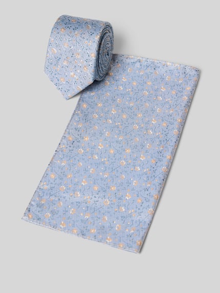Produktfoto, Krawatte im Set mit Einstecktuch von Roy Robson, hellblau mit kleinen weißen und orangen Mustern, klassische Form, Allover-Look
