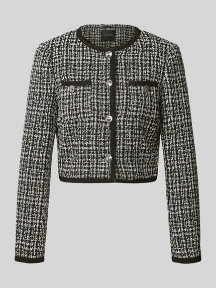 Produktfoto, Slim Fit Blazer in Bouclé-Optik Modell 'JOLE' von GUESS, Mieszanka materiałów z dodatkiem wiskozy, imitacja bouclé, listwa guzikowa na całej długości, kieszenie na piersi, długość tyłu w rozmiarze S 44 cm, szerokość w rozmiarze S 45 cm, długość rękawów w rozmiarze S 62 cm