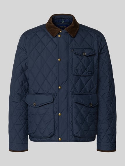 Produktfoto, Regular Fit Steppjacke mit Druckknopfleiste von Polo Ralph Lauren in Unifarben Navy, Umlegekragen, Logo-Stitching, Stepp-Webware