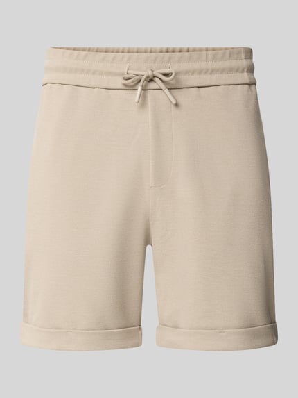 Produktfoto, Regular Fit Shorts mit Viskose-Anteil Modell 'NEWKODYL' von Only & Sons in beigefarbener Melange-Optik, feine Nadelstreifen, elastischer Bund mit Tunnelzug, fixierter Beinumschlag, Eingrifftaschen und Gesäßtasche, strukturierte Oberfläche.