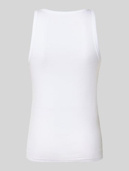 Produktfoto, weißes Slim Fit Unterhemd aus reiner Baumwolle von Polo Ralph Lauren Underwear vor grauem Hintergrund, glatte Textur.