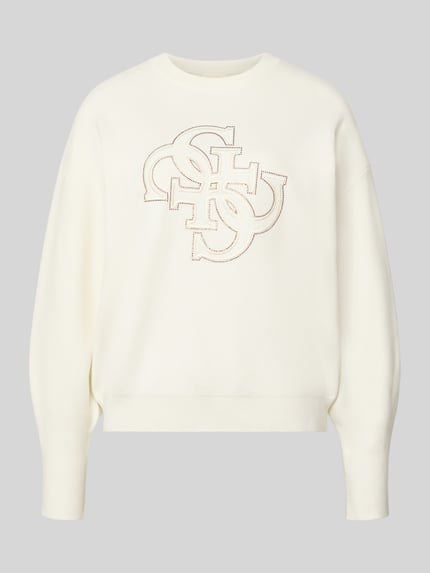 Produktfoto, Relaxed Fit Longsleeve aus elastischem Material-Mix von GUESS in Creme, Strasssteine auf der Front, Modell CAMRYN, Damen Longsleeve