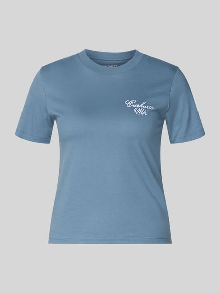 Produktfoto, Slim Fit T-Shirt aus reiner Baumwolle Modell 'Gracious' van Carhartt Work In Progress in blauw met labelprint, puur katoen, ronde hals, ruglengte maat S 53 cm