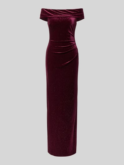 Produktfoto, Maxikleid aus Samt im Off-Shoulder-Look von Christian Berg Cocktail, bordeaux, nauw aansluitend, plooien, ruglengte maat 36: 144 cm, borstwijdte maat 36: 37 cm