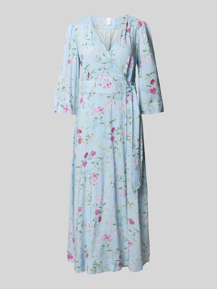 Produktfoto, lichtblauwe wikkeljurk met roze bloemenprint, V-hals, 3/4-mouw, getailleerd model, midi-jurk, model 'SAVANNA' van YAS, zuiver lenzing™ ecovero™-vezels, zijstrik, zachte stoftextuur