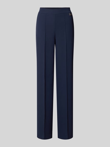 Produktfoto, dunkelblaue Straight Fit Stoffhose mit Ziernaht, elastischem Bund und Logo-Detail, Modell 'Paulien' von JOOP!, glatte Textur