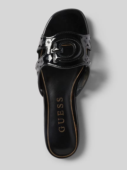 Produktfoto, Sandalette mit Logo-Muster Modell 'CIESTA' von Guess in Schwarz mit glatter Sohle, Schlupfform, Absatzhöhe 2 cm, Damen