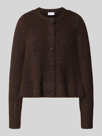 Produktfoto, Regular Fit Strickjacke mit Woll-Anteil Modell 'Bows' von VILA, dunkelbraun, gerippte Abschlüsse, durchgehende Knopfleiste, Langarm, Rundhalsausschnitt, strukturierte Textur, Vorderansicht