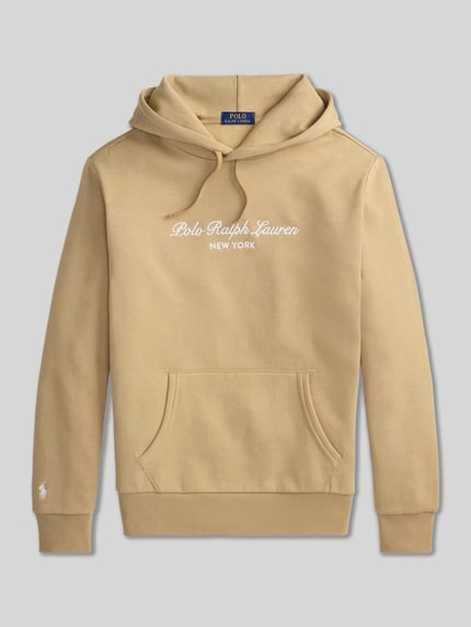 Produktfoto, beiger Relaxed Fit Hoodie aus Baumwoll-Mix von Polo Ralph Lauren, weiße Schrift, glatte Oberfläche, Herren Hoodie