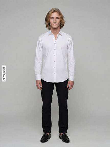 Männermodel trägt Super Slim Fit Business-Hemd mit Kentkragen von Jake*s aus reiner Baumwolle, weiß, Langarm, Ganzkörperansicht von vorne.