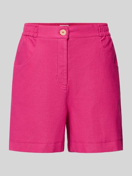 Produktfoto, korte broek met elastische band model 'KATE' van ICHI, katoenmix met stretch, regular fit, steekzakken, felroze, bandwijdte maat S 38 cm, binnenbeenlengte 12 cm