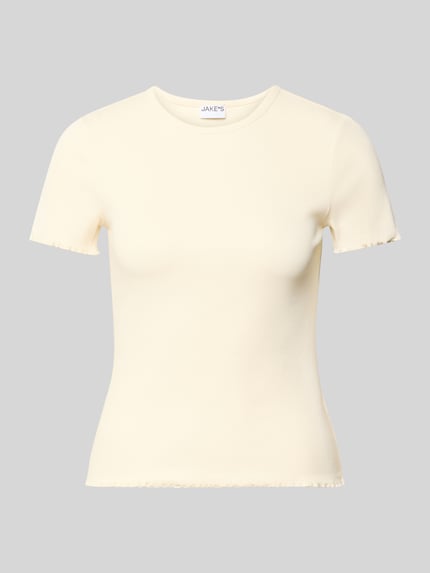 Produktfoto, cremefarbenes T-Shirt mit Wellensaum von Jake*s Casual, fein gerippt, enger Schnitt, Rundhalsausschnitt, Baumwoll-Mix mit Stretch