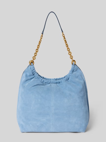 Produktfoto, Handtasche aus Leder mit Label-Applikation Modell 'INDIE' von MICHAEL Michael Kors in Hellblau mit goldfarbenem Ketten-Schulterriemen, Hauptfach mit Magnetverschluss, Maße ca. 37 cm Breite, 37 cm Länge, 14 cm Tiefe, Schulterriemen 60 cm, Damen Handtasche aus Echtleder.