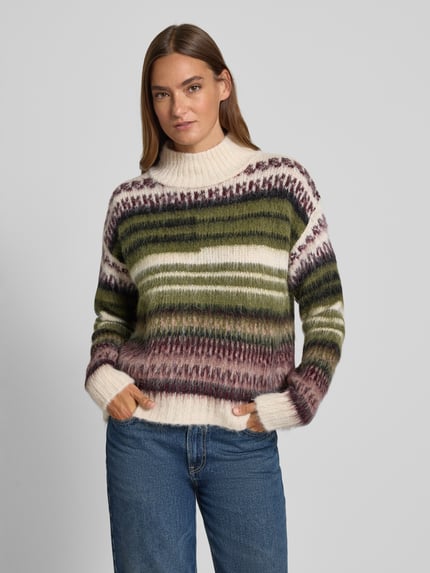 MORE & MORE Strickpullover mit Streifenmuster und Stehkragen Oliv 4