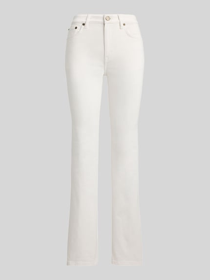 Produktfoto, weiße Straight Fit Jeans aus Baumwoll-Mix von Lauren Ralph Lauren im 5-Pocket-Design mit Label Patch und High Waist, unifarbene Denim-Optik.