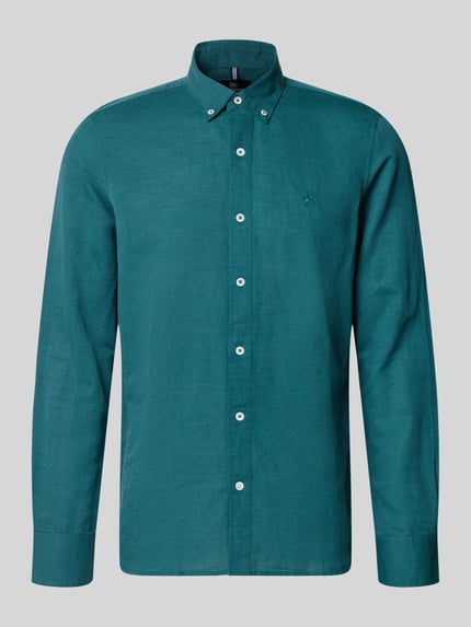 Produktfoto, Regular Fit Freizeithemd aus Leinen-Baumwoll-Mix von Lerros in Türkis mit Button-Down-Kragen und Knopfleiste, glatte Textur, Rückenlänge bei Größe M: 75 cm, Schulterbreite: 43 cm, Ärmellänge: 69 cm.