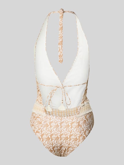 Frauenmodel trägt Badeanzug im Allover-Look mit tiefem V-Ausschnitt von WATERCULT, mieszanka materiałów z dodatkiem streczu, dopasowany krój, model 'COASTAL BOHEMIA', wzór na całej powierzchni, głęboki dekolt w serek, tylne wiązanie. Ganzkörperansicht Rückansicht.