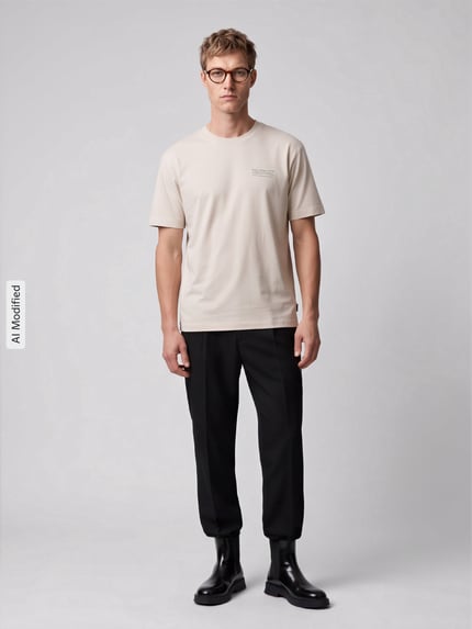 Männermodel trägt Boxy Fit Shirt aus Baumwoll-Mix von Marc O'Polo DENIM in Beige mit glatter Textur, schwarze Hose, Ganzkörperansicht von vorne, KI-modifiziertes Bild.