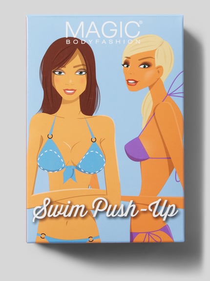 Frauenmodel trägt Bikini Push-up im transparenten Design von MAGIC Bodyfashion, Triangel-Form, Material-Mix, farbenfroh illustriert, Ganzkörperansicht von vorne.