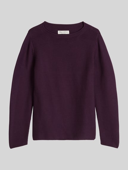 Produktfoto, Regular Fit Pullover aus reiner Baumwolle von MARC O’POLO in einfarbigem Dunkellila mit Strickoptik, Tunnelzug am Bund