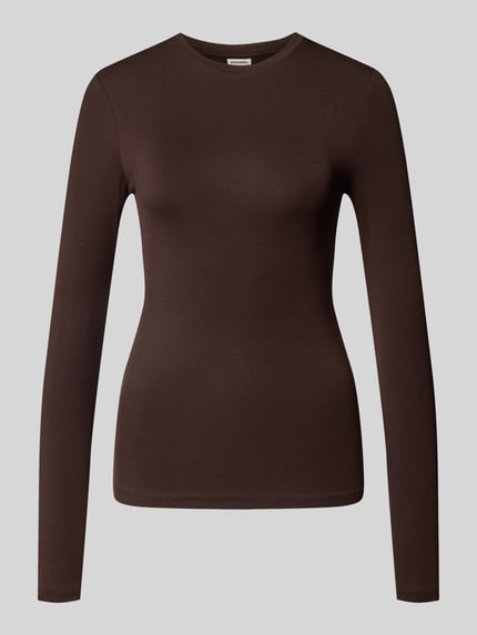 Produktfoto, Slim Fit Longsleeve aus elastischem Woll-Mix von Stefanel, krój slim fit, melanż, okrągły dekolt, długość pleców w rozmiarze S: 60 cm, damska bluzka